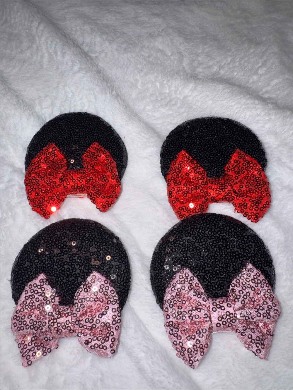 Sequin Bow Mouse Ear Hair Clips - 2 Black with Red  bow & 2 black Pink bow